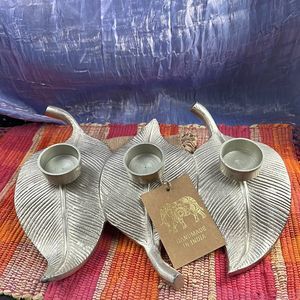 Silver Triple Leaf Tea Light Holder NWT handmade in India